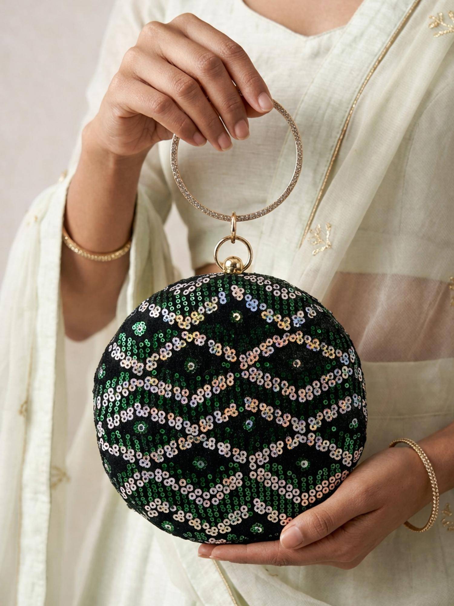 ARTKLIM Luxurious Green and Silver Sequin Embroidery Clutch Bag with Detachable Strap