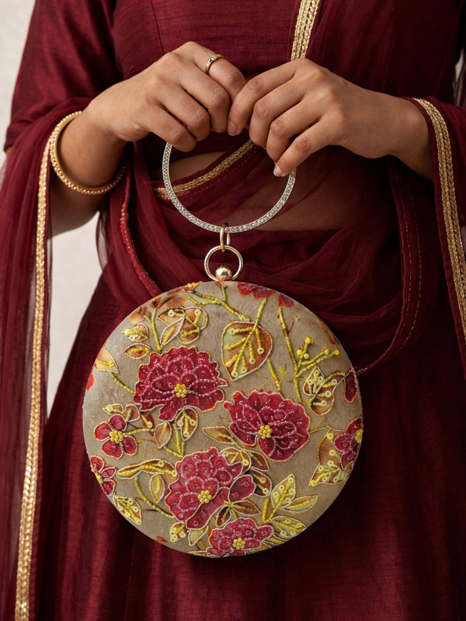 ARTKLIM Beige Round Floral Ring Handle Bag for Women with Detachable Strap