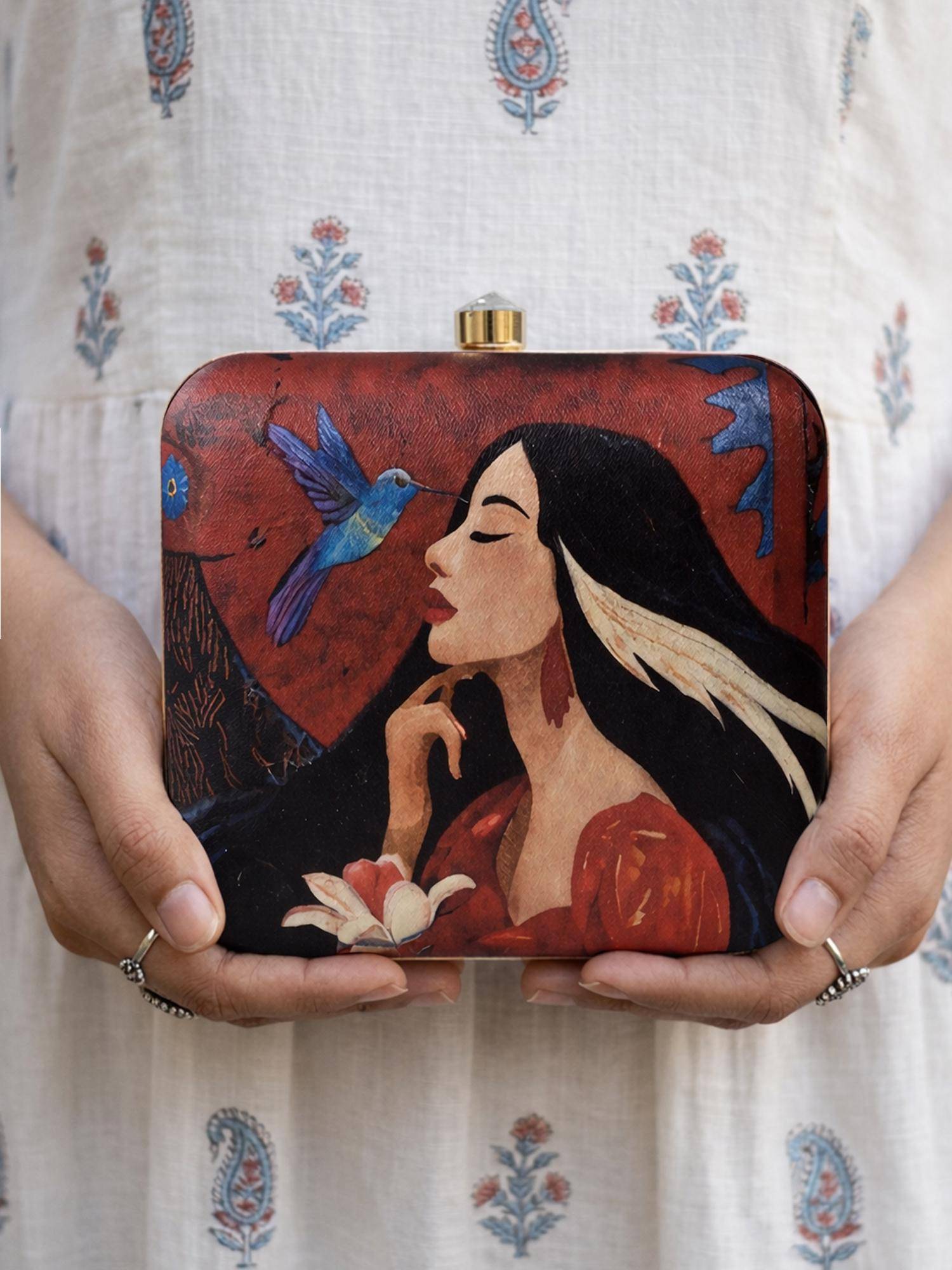 ARTKLIM The Hummingbird Dreamscape Printed Clutch Bag for Women with Detachable Strap