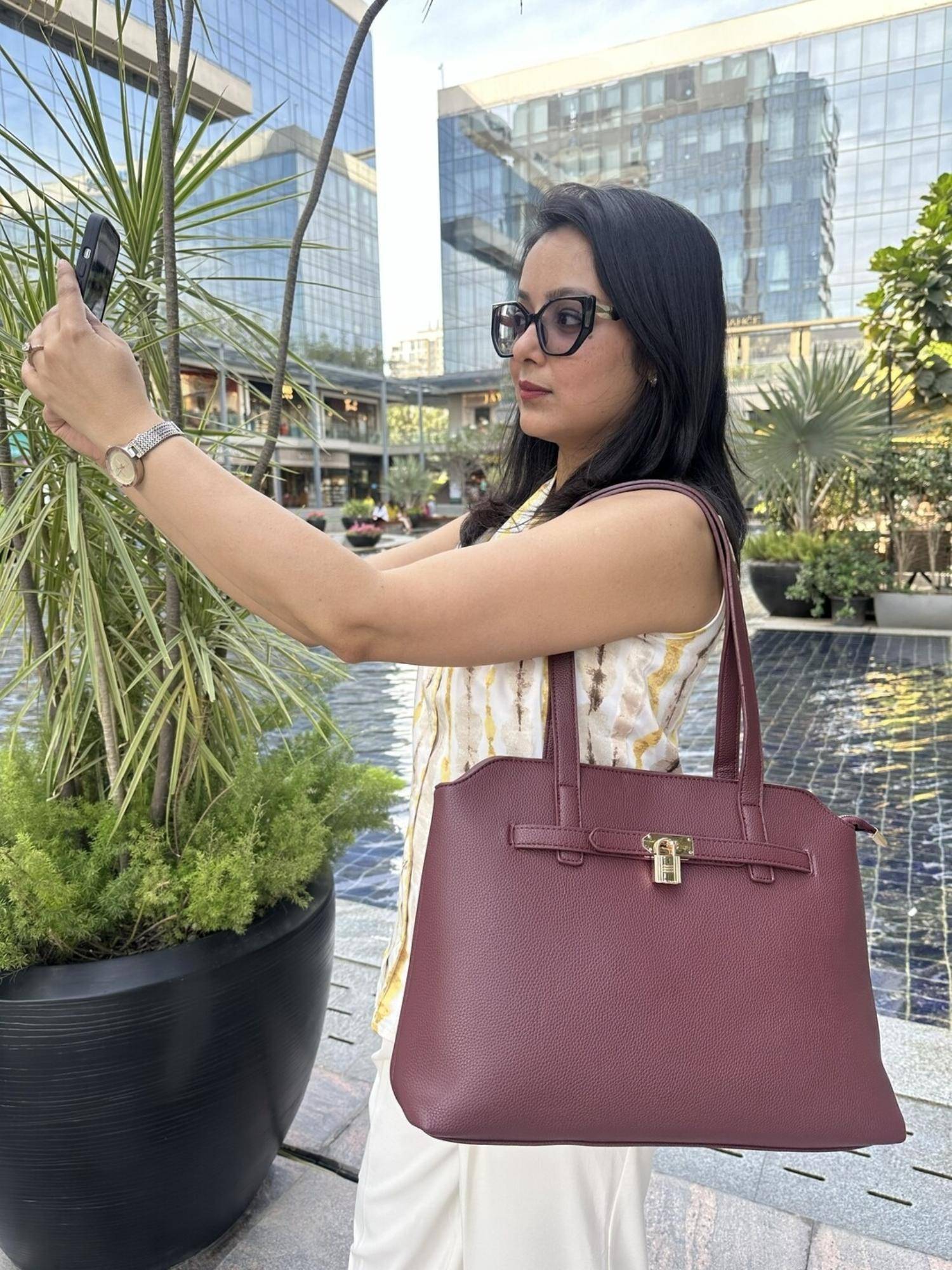 CrossKulture Shoulder Tote Bag for Work and Shopping Maroon