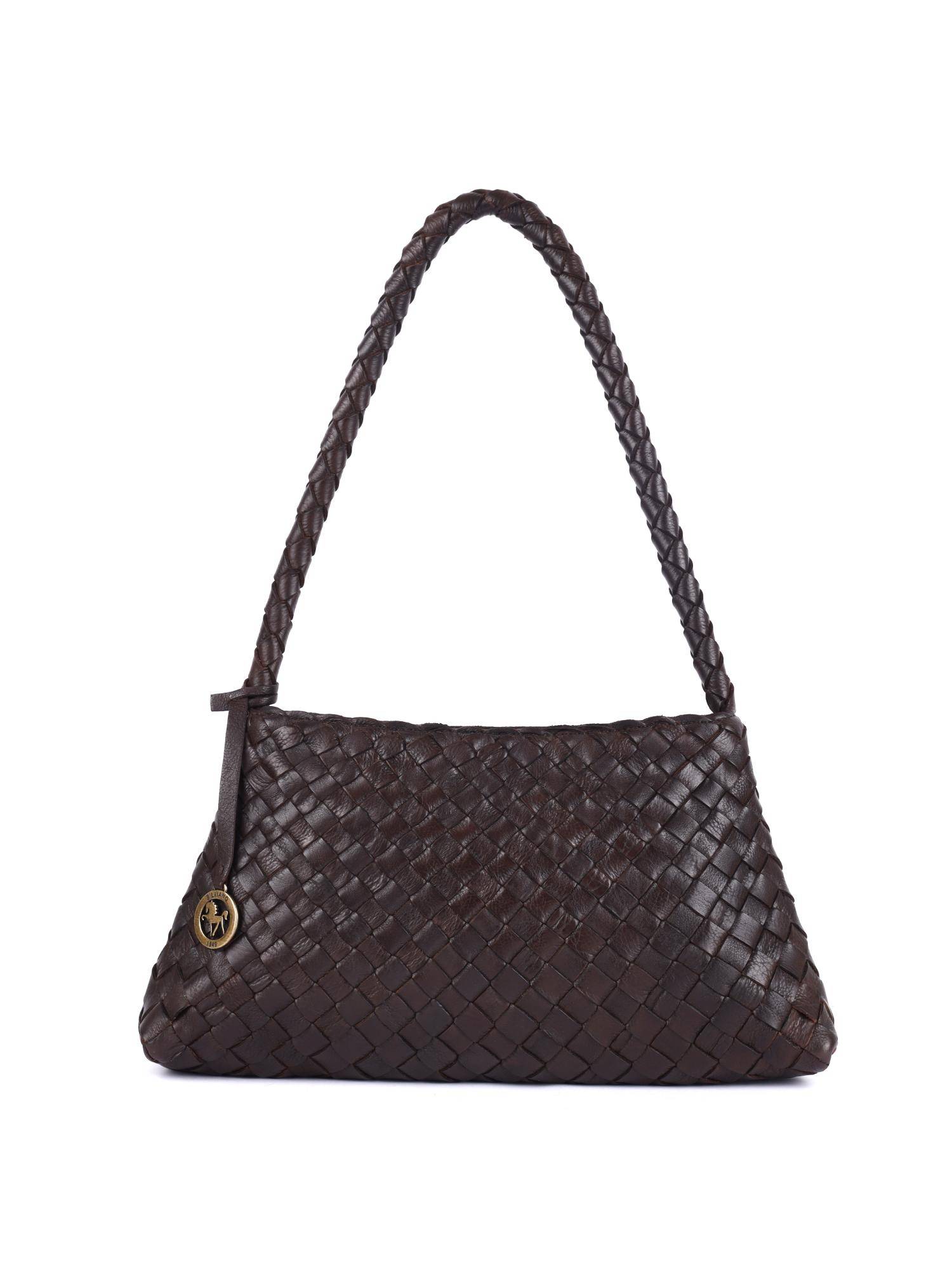 SILVIANO Dark Chocolate Tan Woven Leather Shoulder Bag