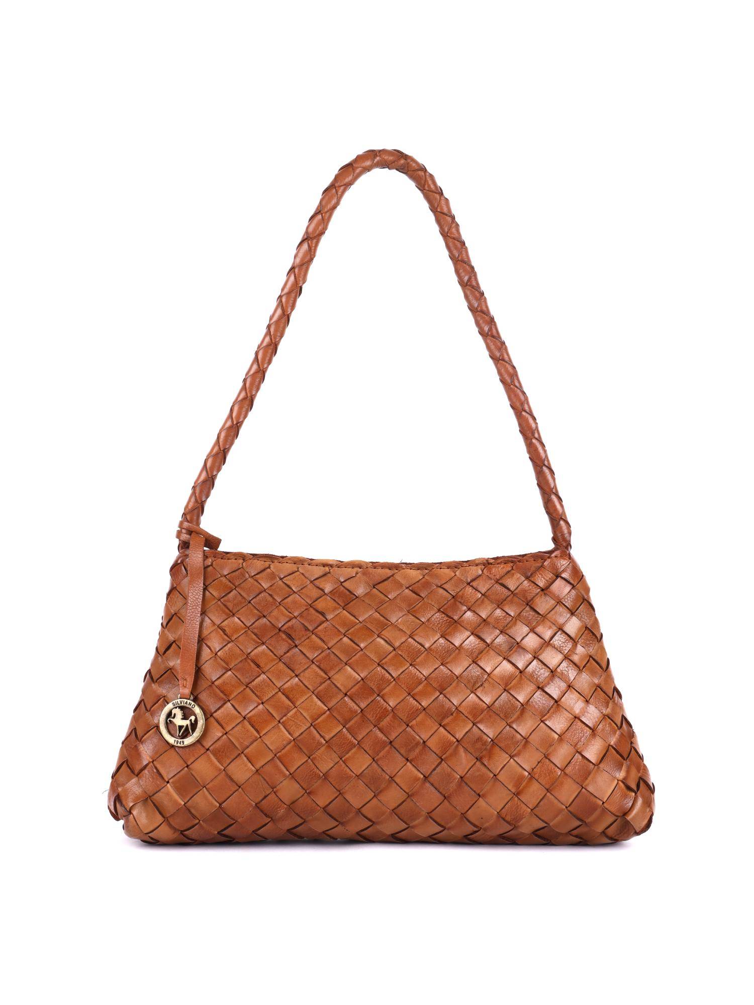 SILVIANO Caramel Tan Woven Leather Shoulder Bag