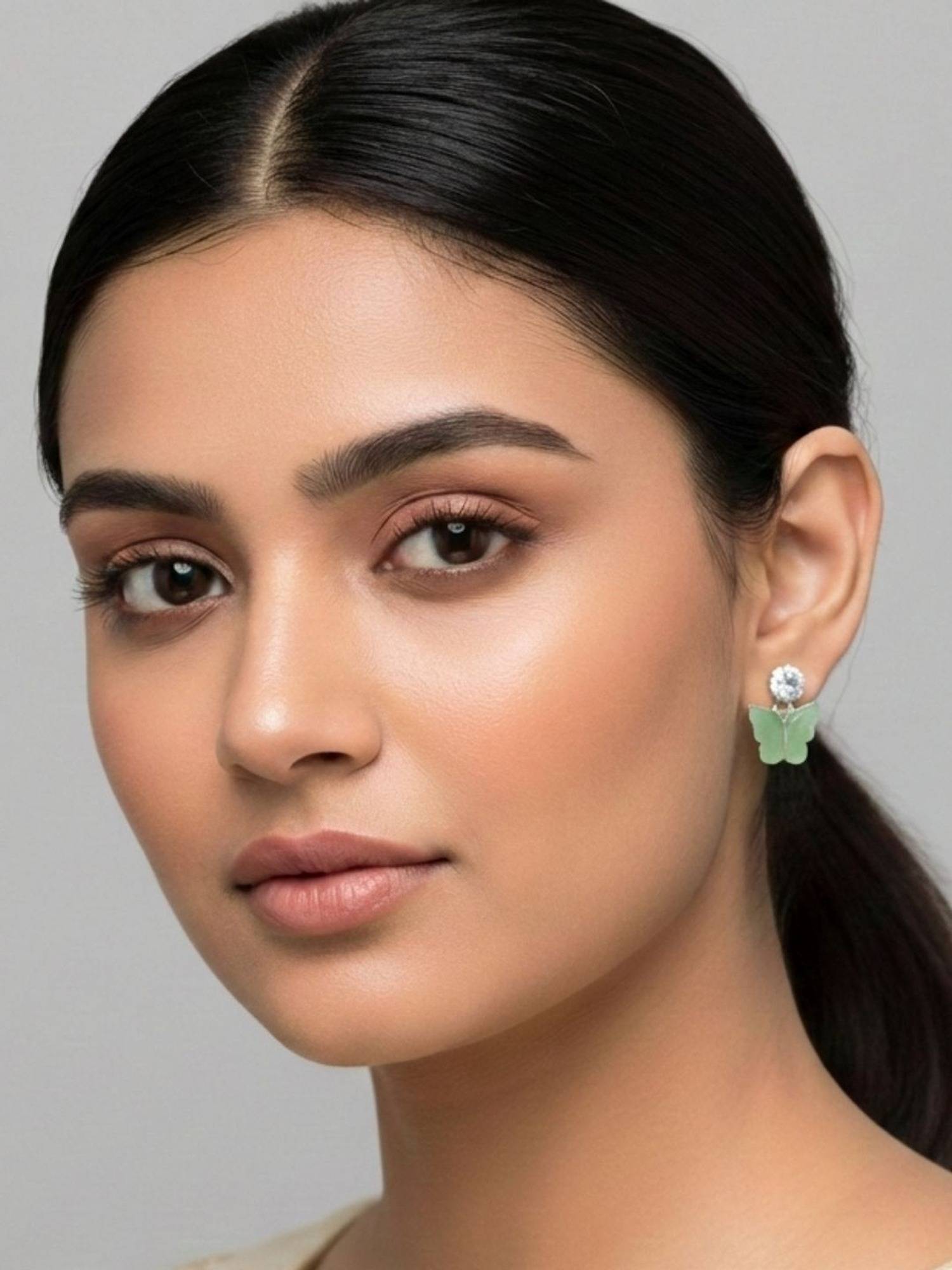 Accessher Green Brass Women White Stones Earrings
