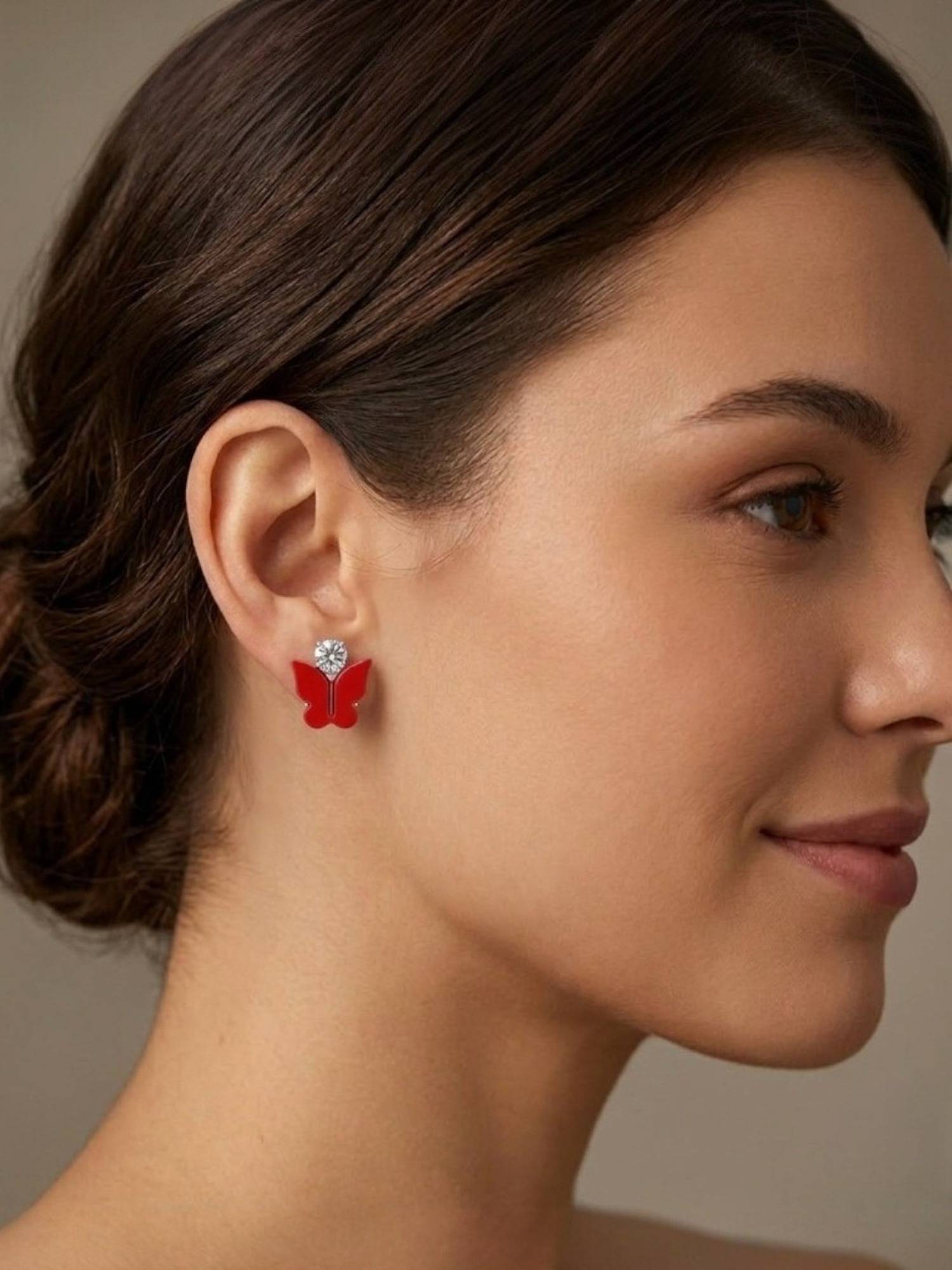 Accessher Red Brass Women White Stones Earrings