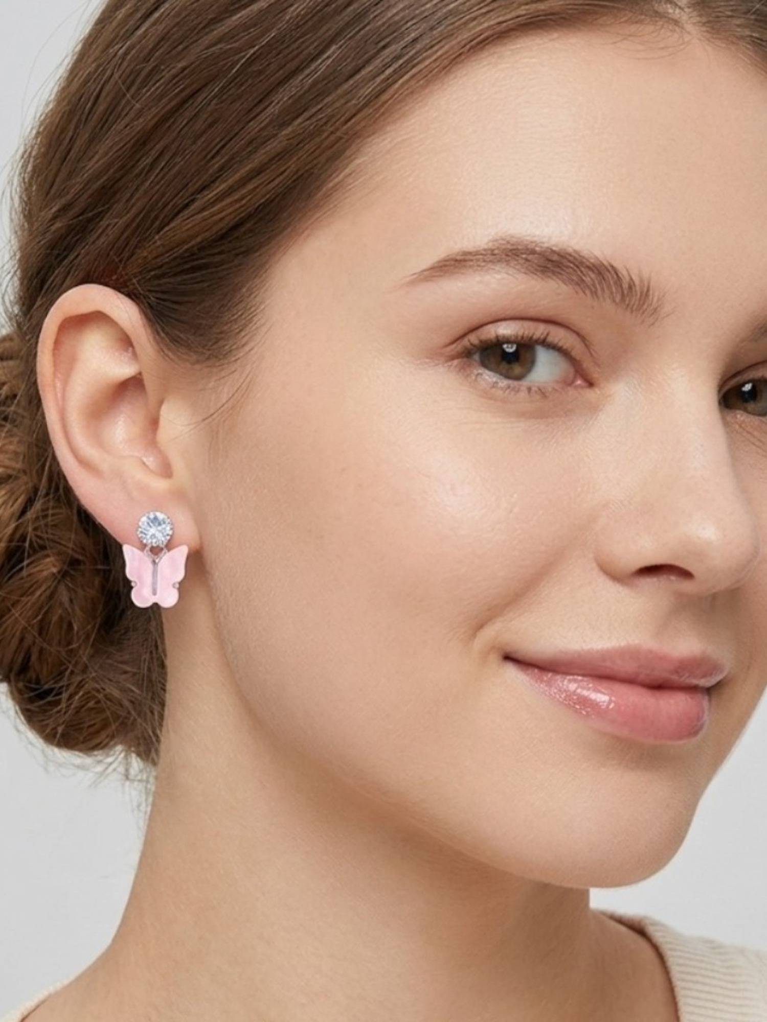 Accessher Pink Brass Women White Stones Earrings