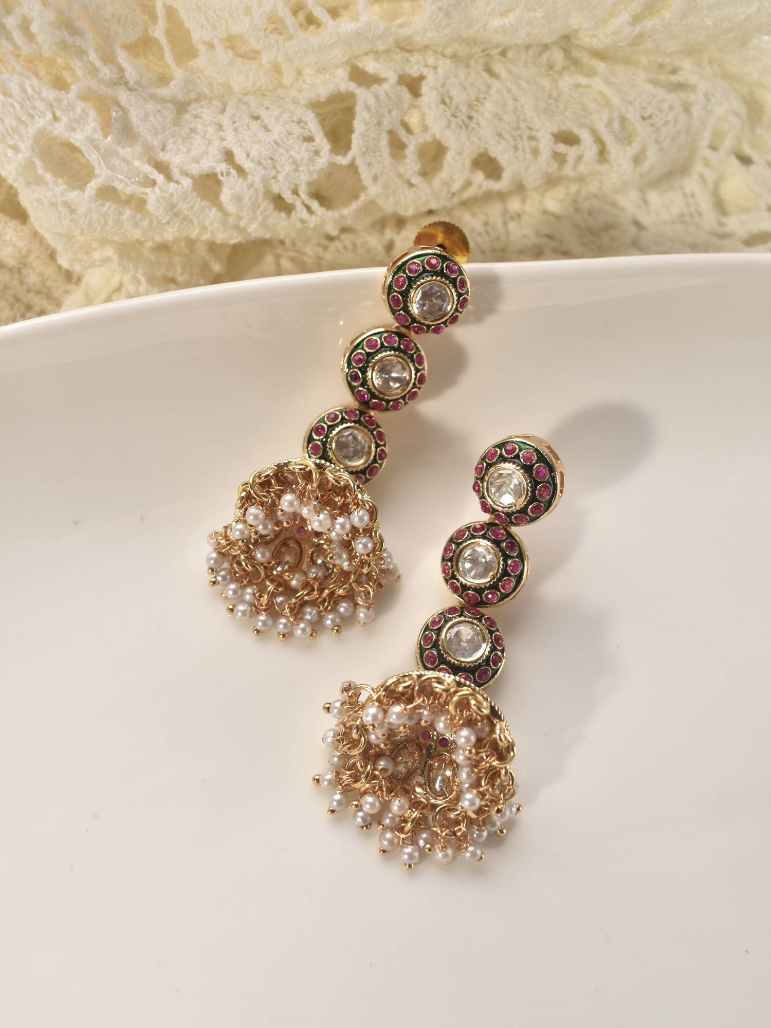 Peach Tassels White Mixed Metal Women Pearl Earrings