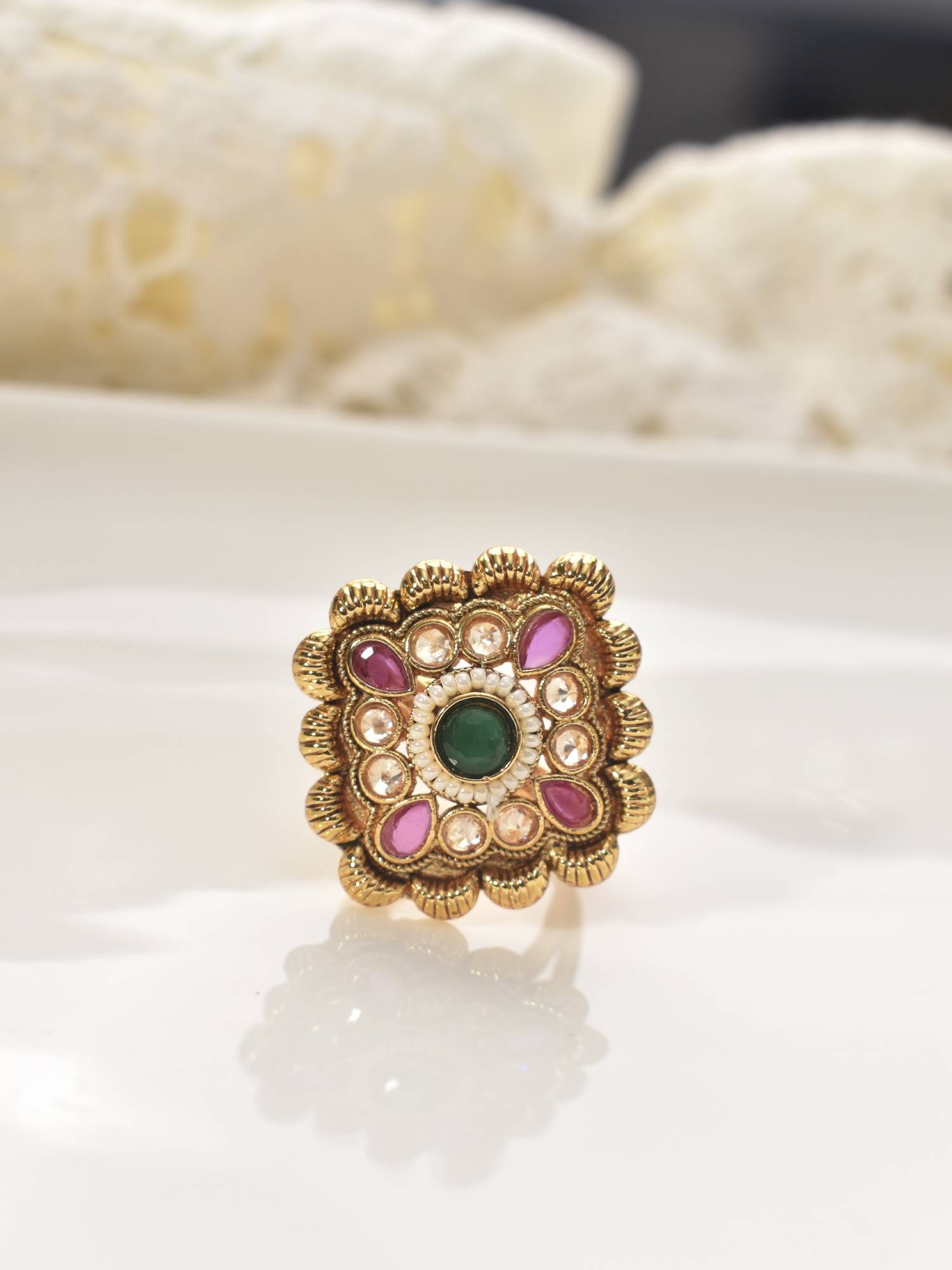 Peach Tassels Gold Mixed Metal Women Statement Ring
