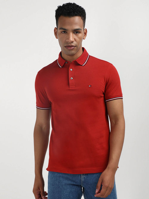 Tommy Hilfiger Red Collar Neck Solid Polo T-Shirt