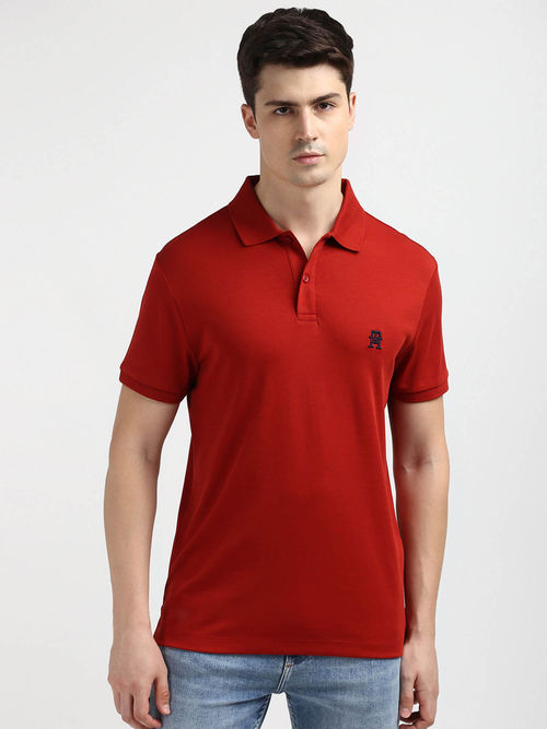 Tommy Hilfiger Red Collar Neck Solid Polo T-Shirt