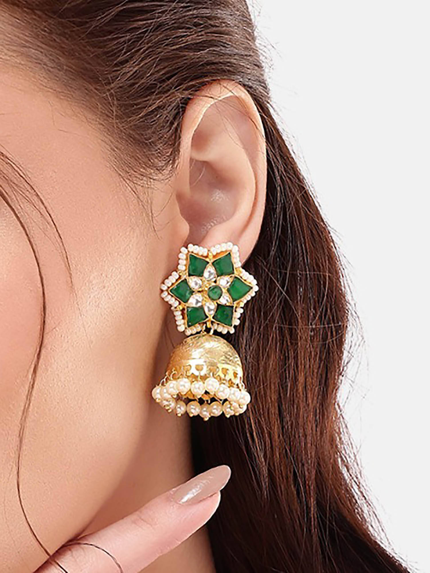 Nuyug Green Brass Gold Plated Pair Of Earrings