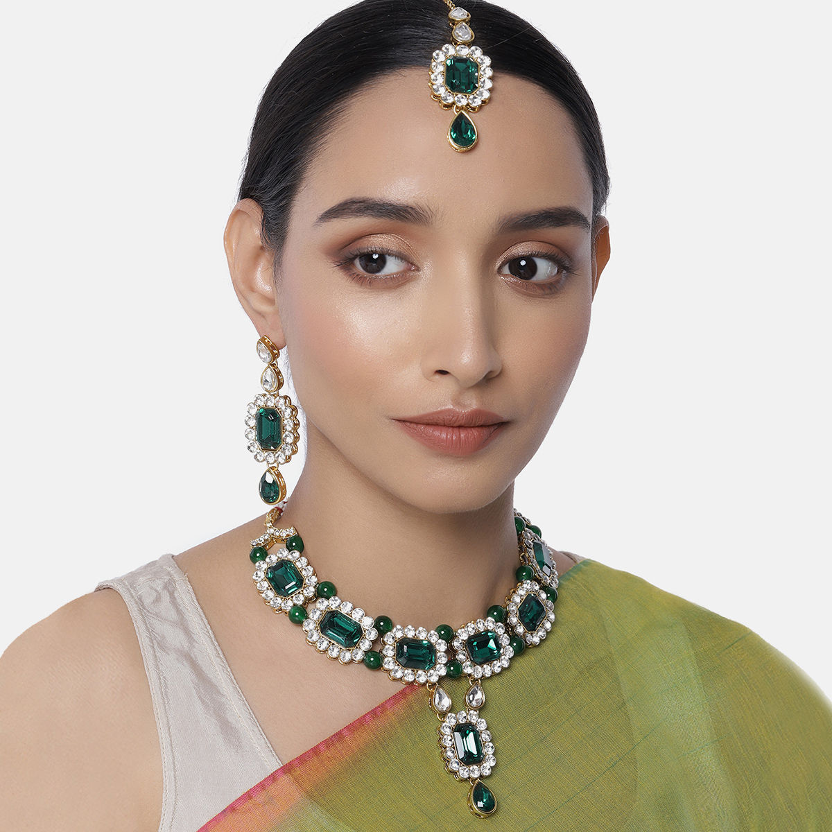 Peora Gold Plated Green Crystal Choker 