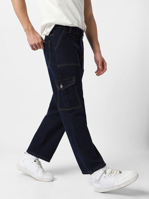 Buy Men Wide Leg 6 Pocket Cargo Denim Jeans (28, Dark Blue) at