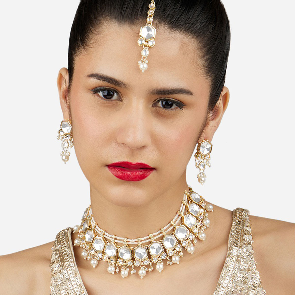 Buy Zaveri Pearls Gold Tone Kundan Stones Beads Necklace Earrings