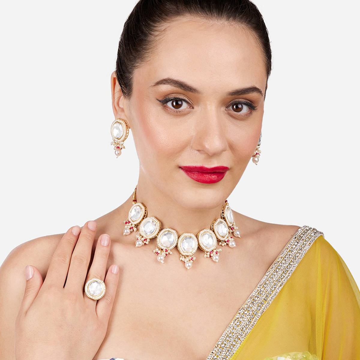 Zaveri Pearls Gold Tone Artificial Stones Beads Necklace Earrings Ring Set-ZPFK17092