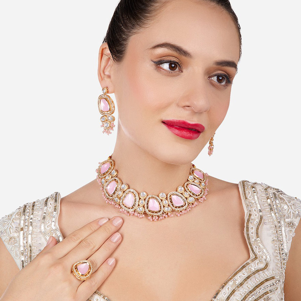 Buy Zaveri Pearls Pink Artificial Stones Beads Choker Necklace Earrings ...