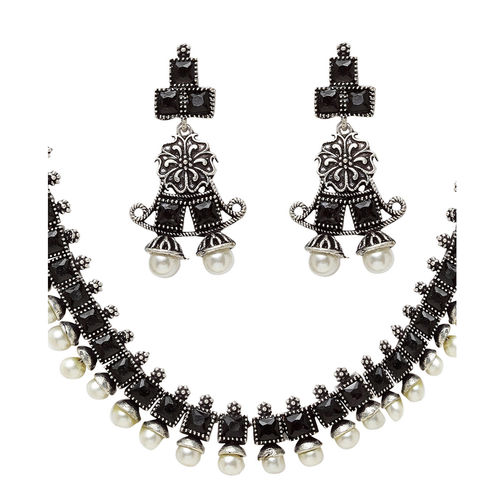 PANASH Oxidised Silver-plated Black Stone-studded Handcrafted Jewellery Set