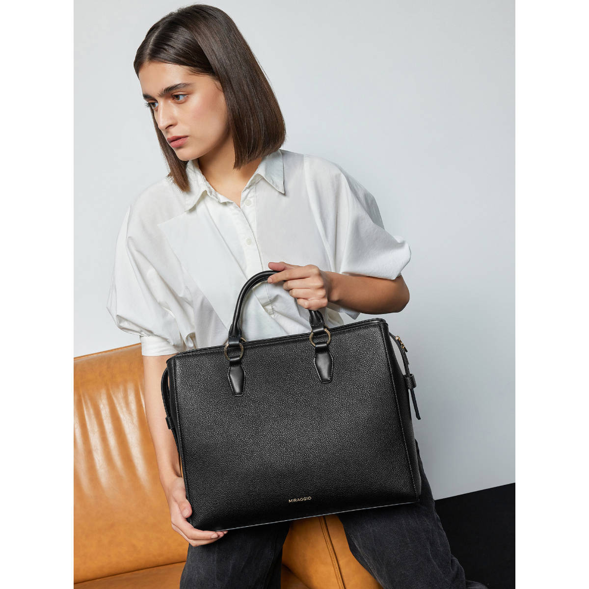 MIRAGGIO Melissa Stylish Structured Tote Bag with Detachable Crossbody Strap- Black