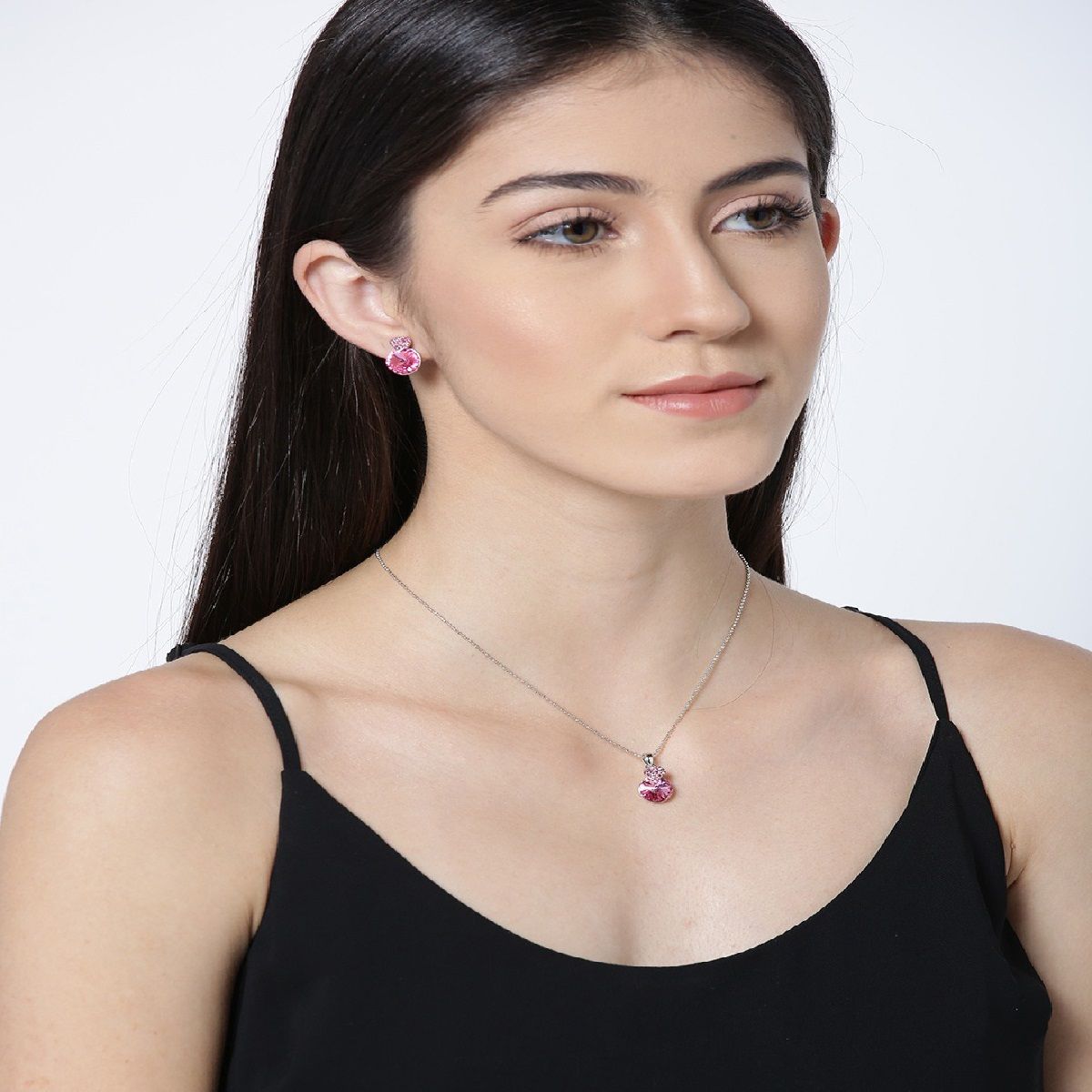 Mahi Swarovski Crystals Pink Heart Strawberry Rhodium Plated Pendant for Women (Set of 2) Buy