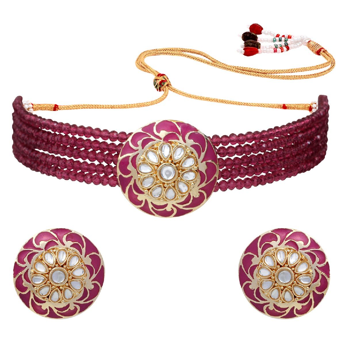 Mahi Incredible Gold Plated Maroon Meena Work and Beads Choker Necklace (Set of 2) Buy Mahi