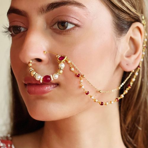 Azai by Nykaa Fashion Bridal Gold Nath With Red Stones