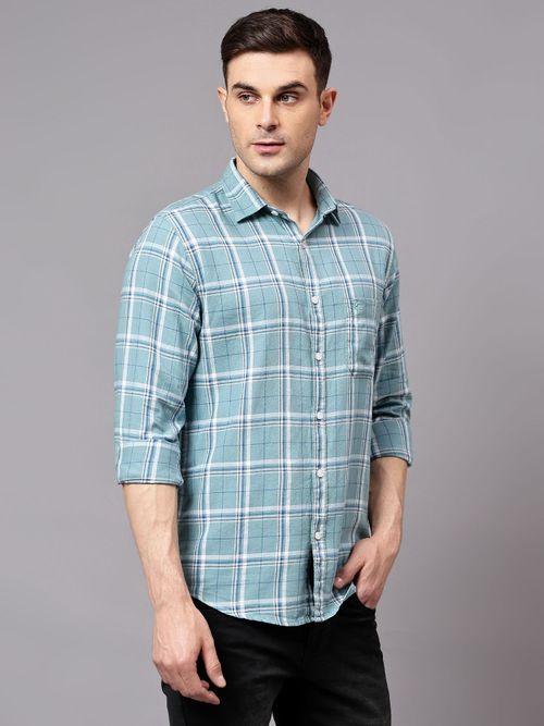 Buy Cantabil Men Turquoise Blue Checkered Full Sleeves Casual