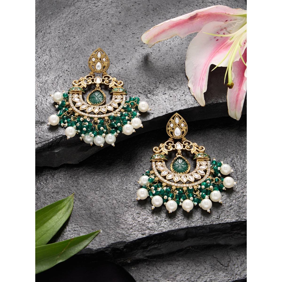 Zaveri Pearls Green Stone Clustered Beads Drop Kundan Chandbali Earring