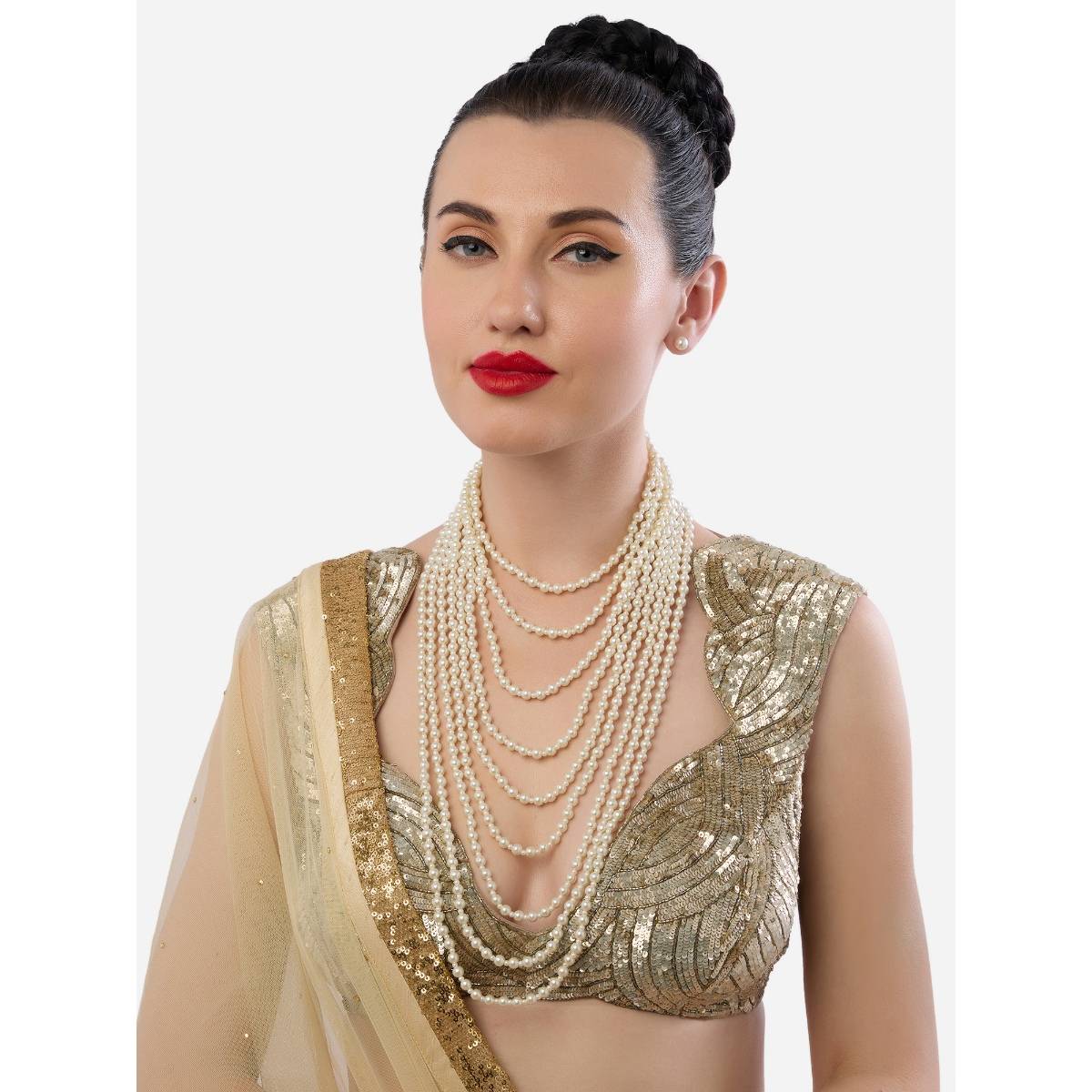 Zaveri Pearls Gold Tone White Multi Layers Long Pearls Necklace and Earrings Set