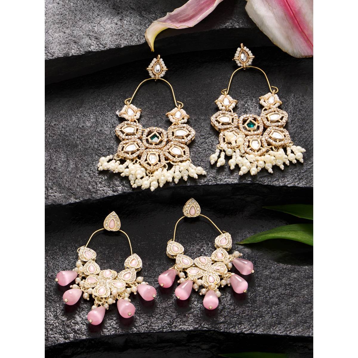 Zaveri Pearls Pack Of 2 Pink Green Stones Diamonds Danglers