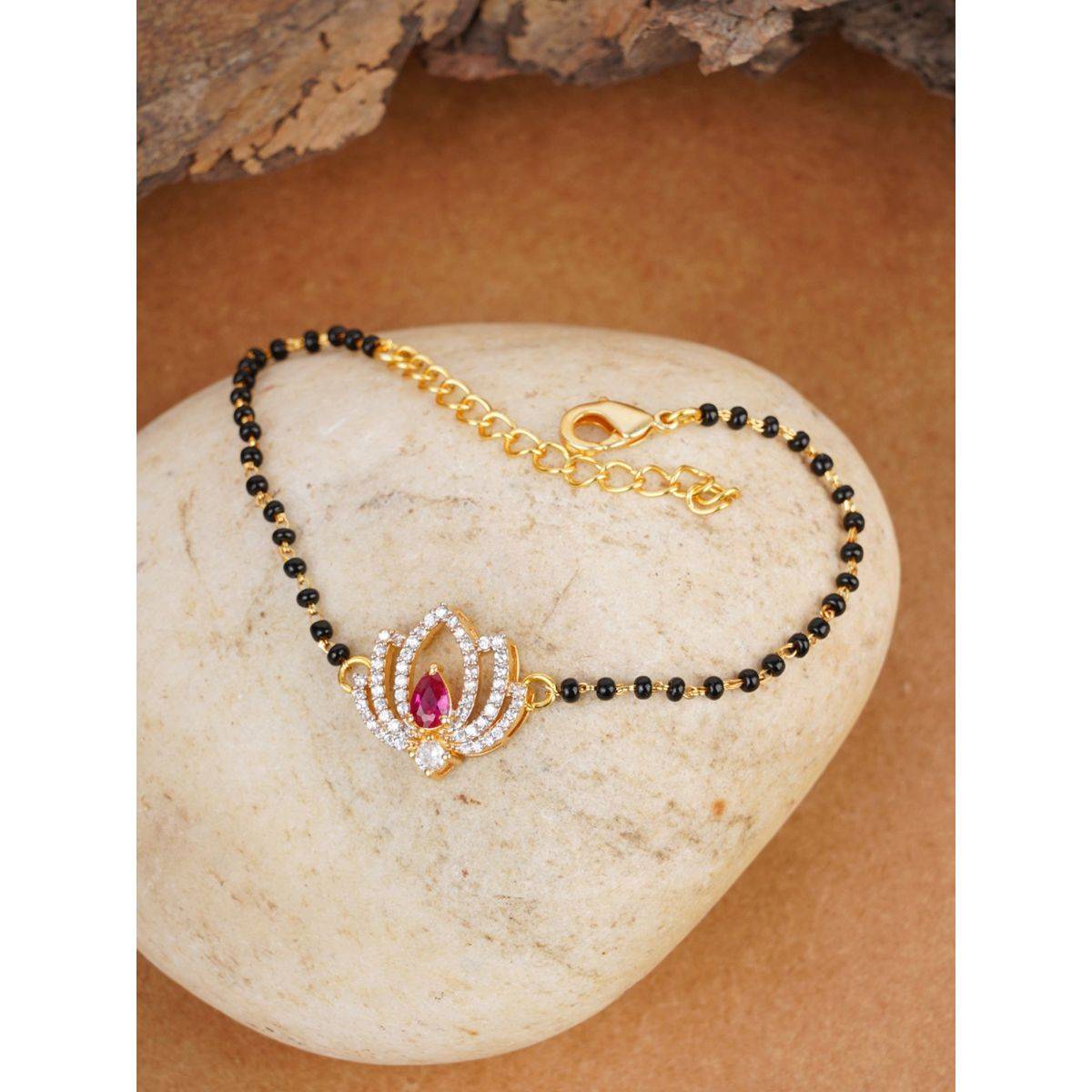 Voylla American Diamond CZ Golden Brass Black Beaded Mangalsutra Bracelet