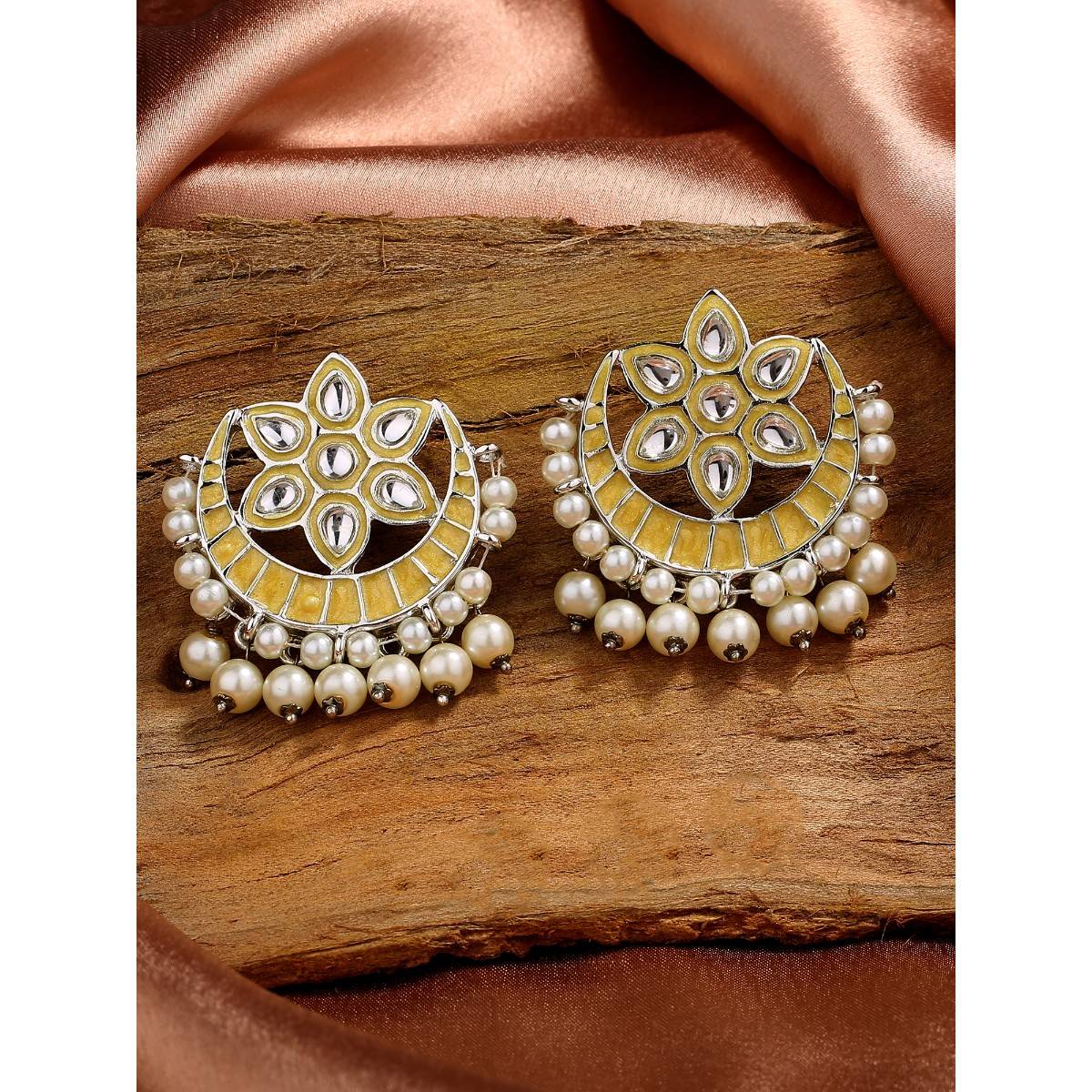Estele Rhodium Plated Flower Designer Kundan Earrings with Pearl & Yellow Enamel for Women