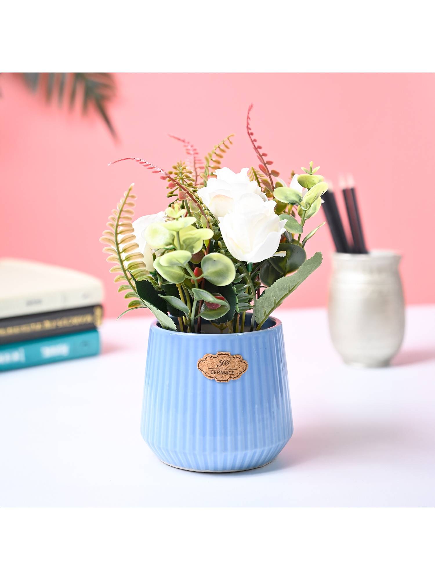 Voncasa Polyester Blue Flower With Pot