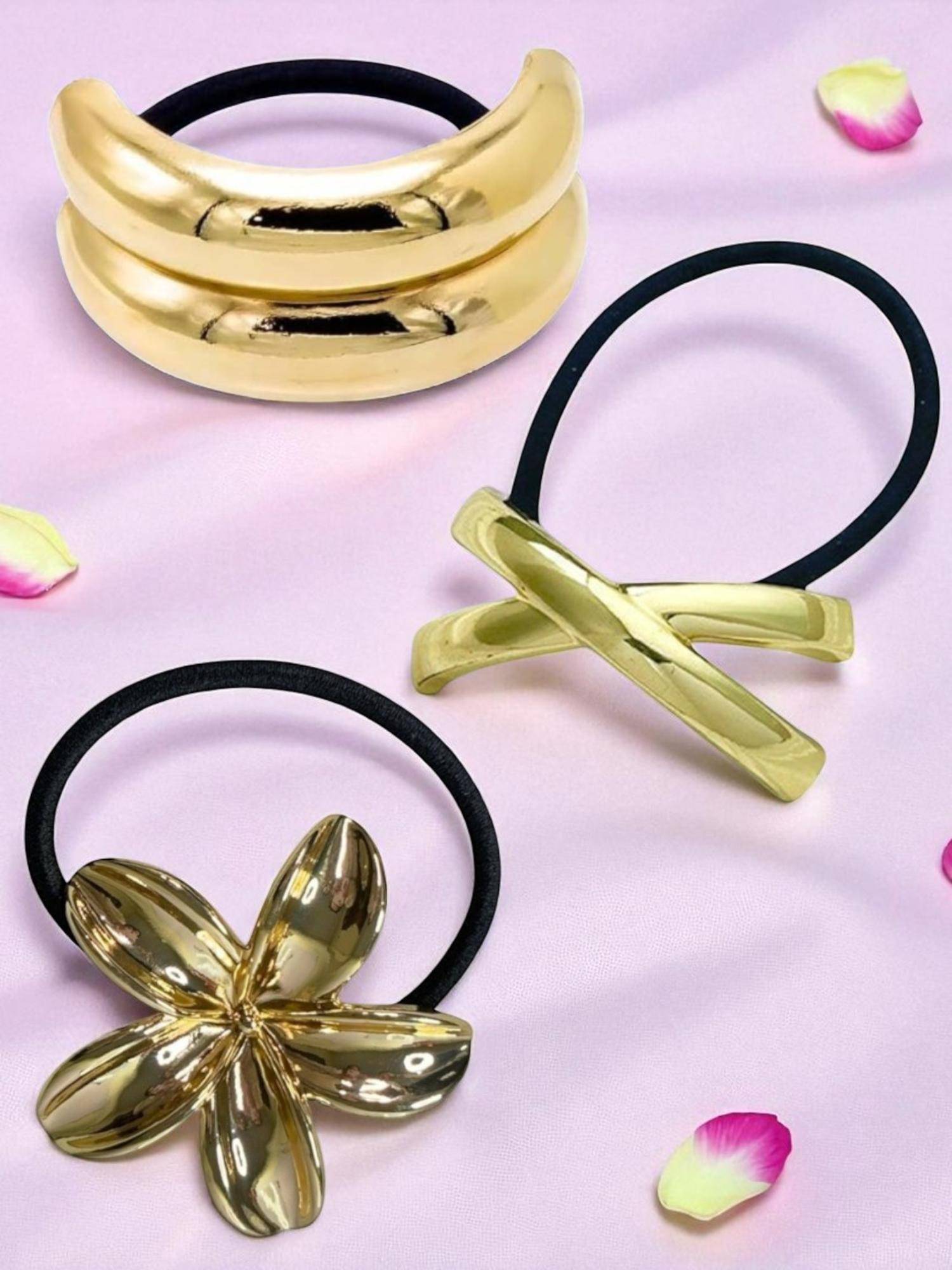 OOMPH Women Gold Bow Knot and Floral Shape Rubber Bands (Pack of 3)