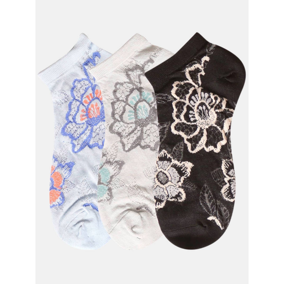 NEXT2SKIN Women Blue Grey & Black Floral Pattern Cotton Socks (Pack of 3)