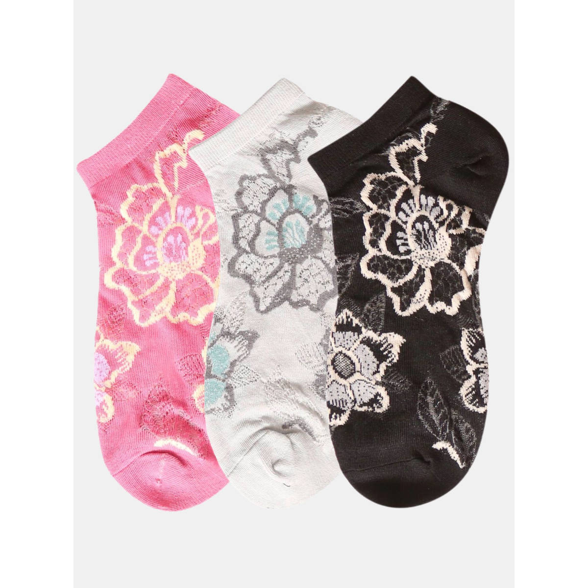NEXT2SKIN Women Pink Grey & Black Floral Pattern Cotton Socks (Pack of 3)