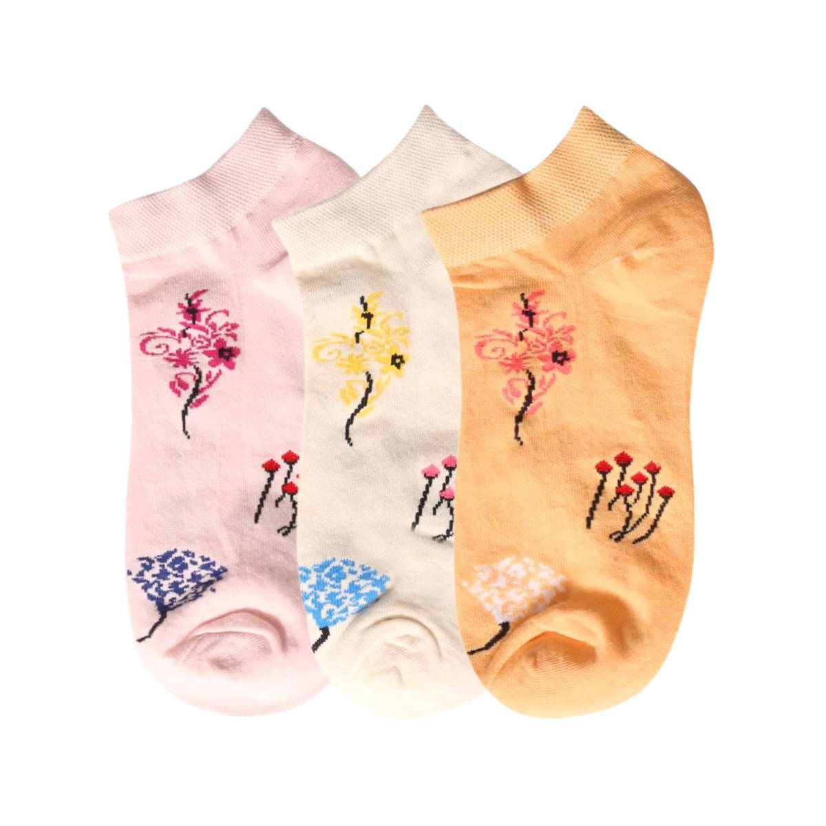 NEXT2SKIN Women Beige Orange & Pink Floral Print Cotton Socks (Pack of 3)