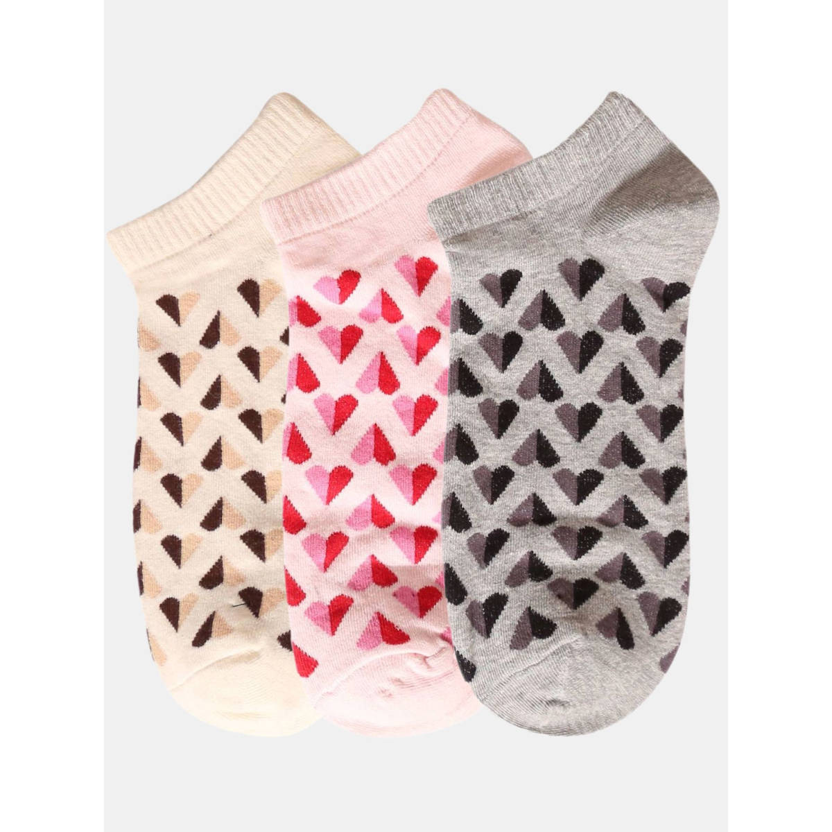 NEXT2SKIN Women Pink Cream & Grey Heart Pattern Cotton Socks (Pack of 3)