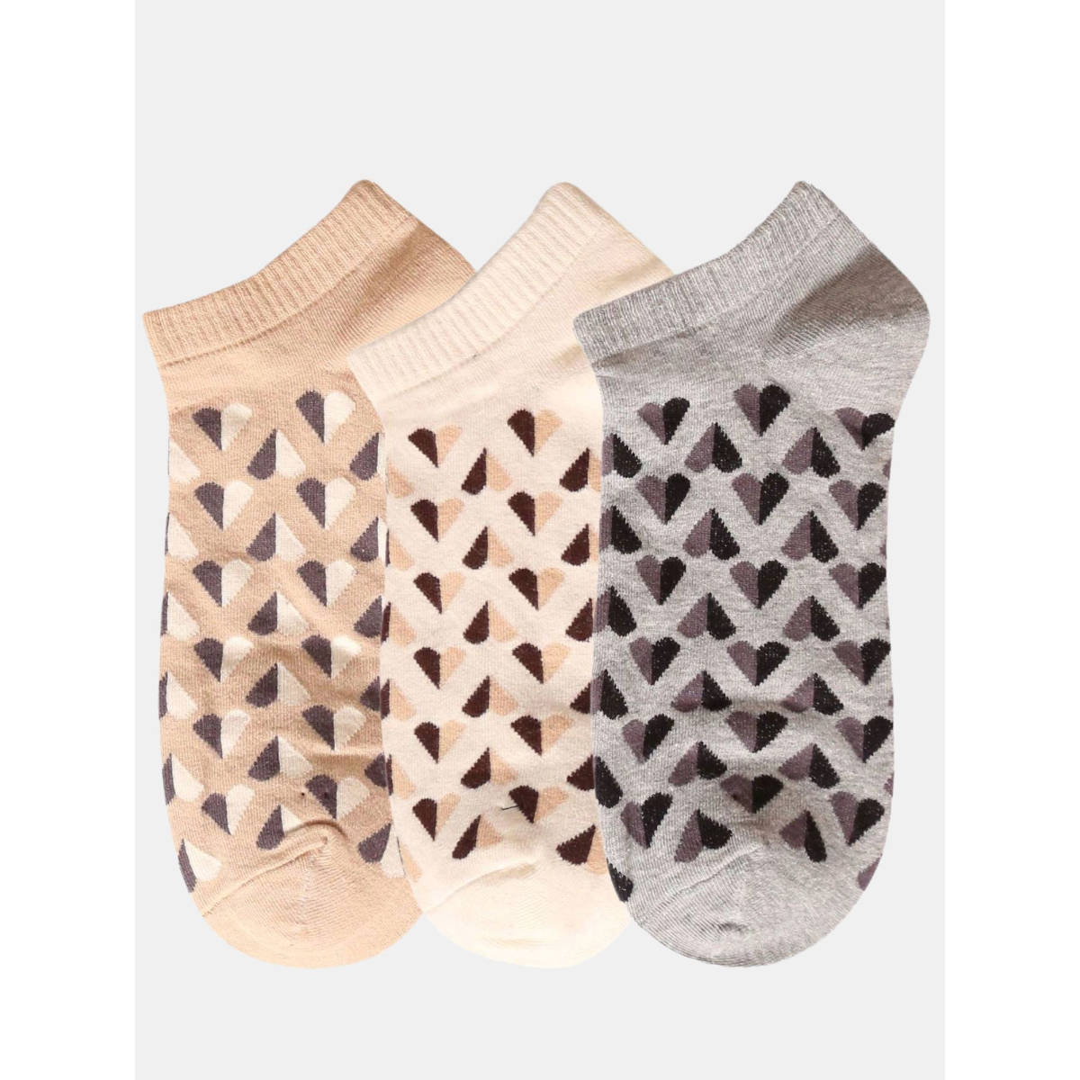 NEXT2SKIN Women Beige Cream & Grey Heart Pattern Cotton Socks (Pack of 3)