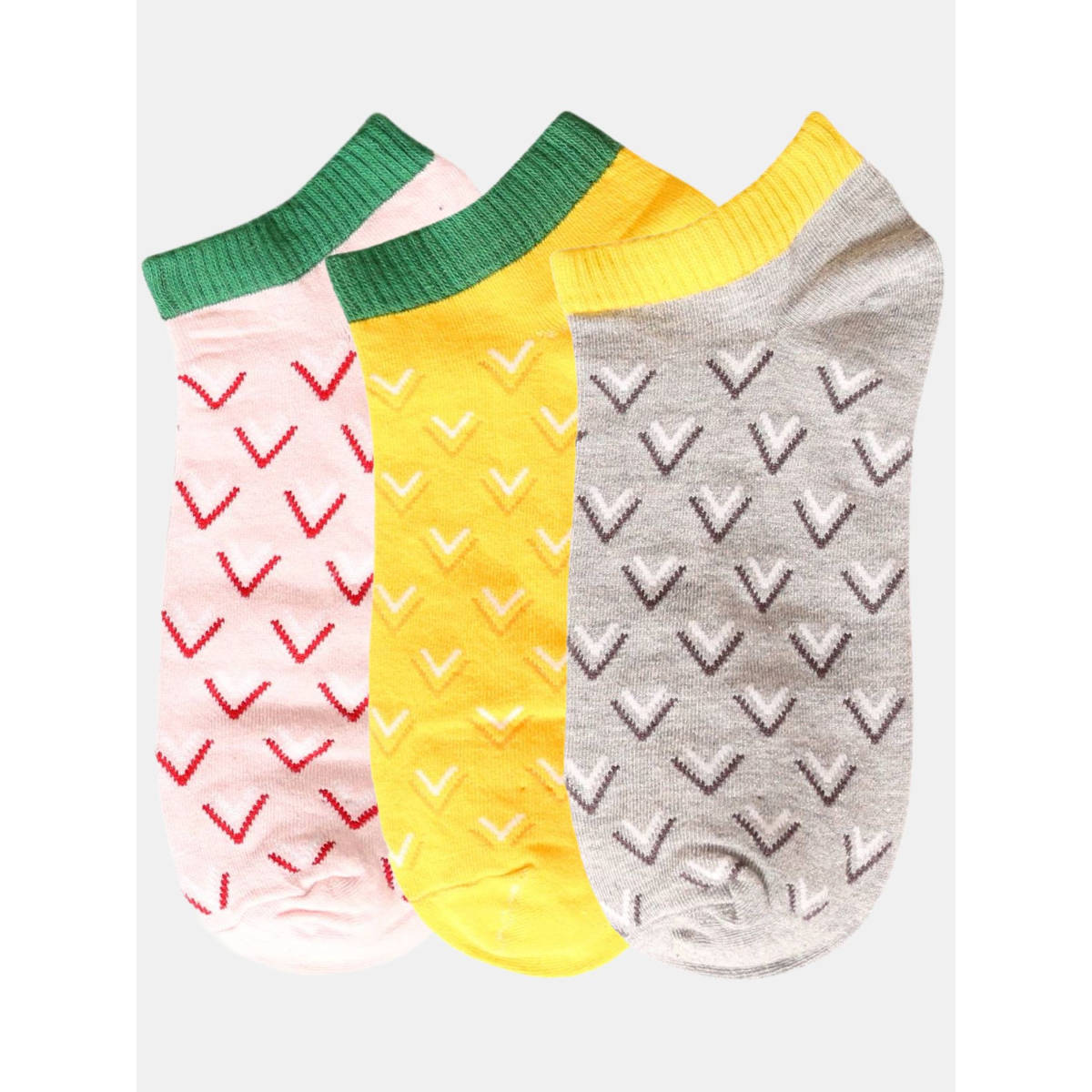NEXT2SKIN Women Pink Yellow & Grey Line & Shape Pattern Cotton Socks (Pack of 3)