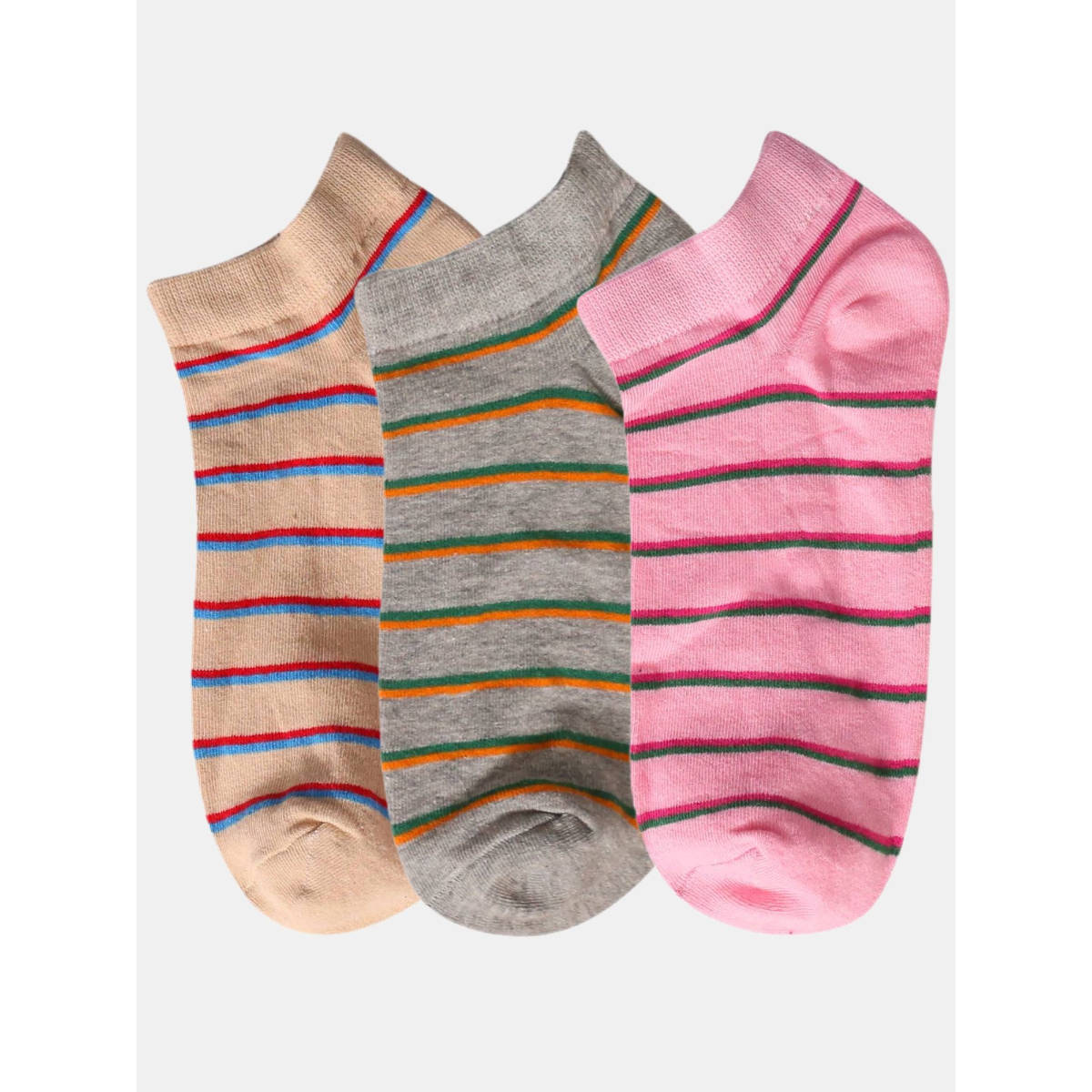 NEXT2SKIN Women Beige Grey & Pink Striped Pattern Cotton Socks (Pack of 3)