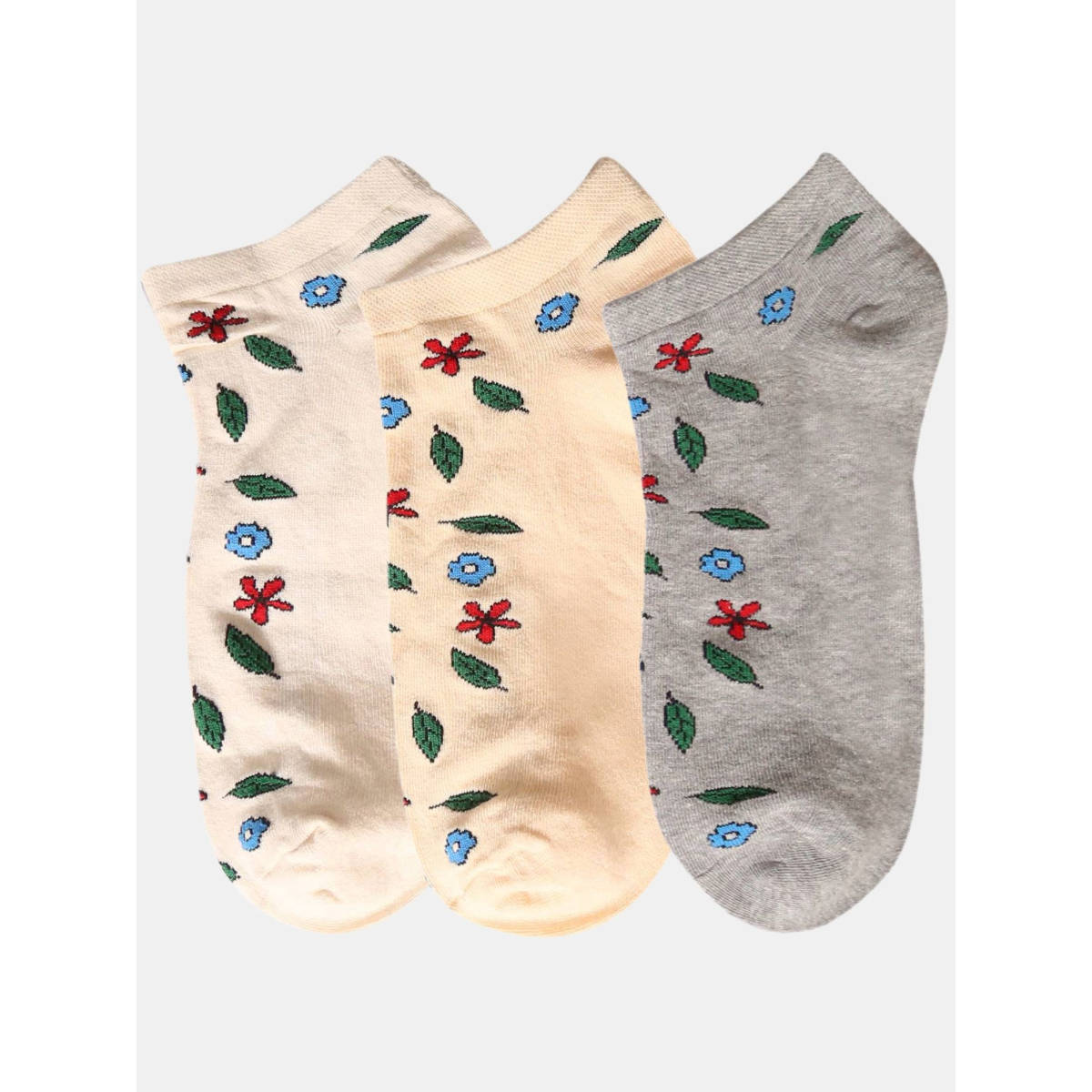 NEXT2SKIN Women Beige Cream & Grey Floral Motif Cotton Socks (Pack of 3)