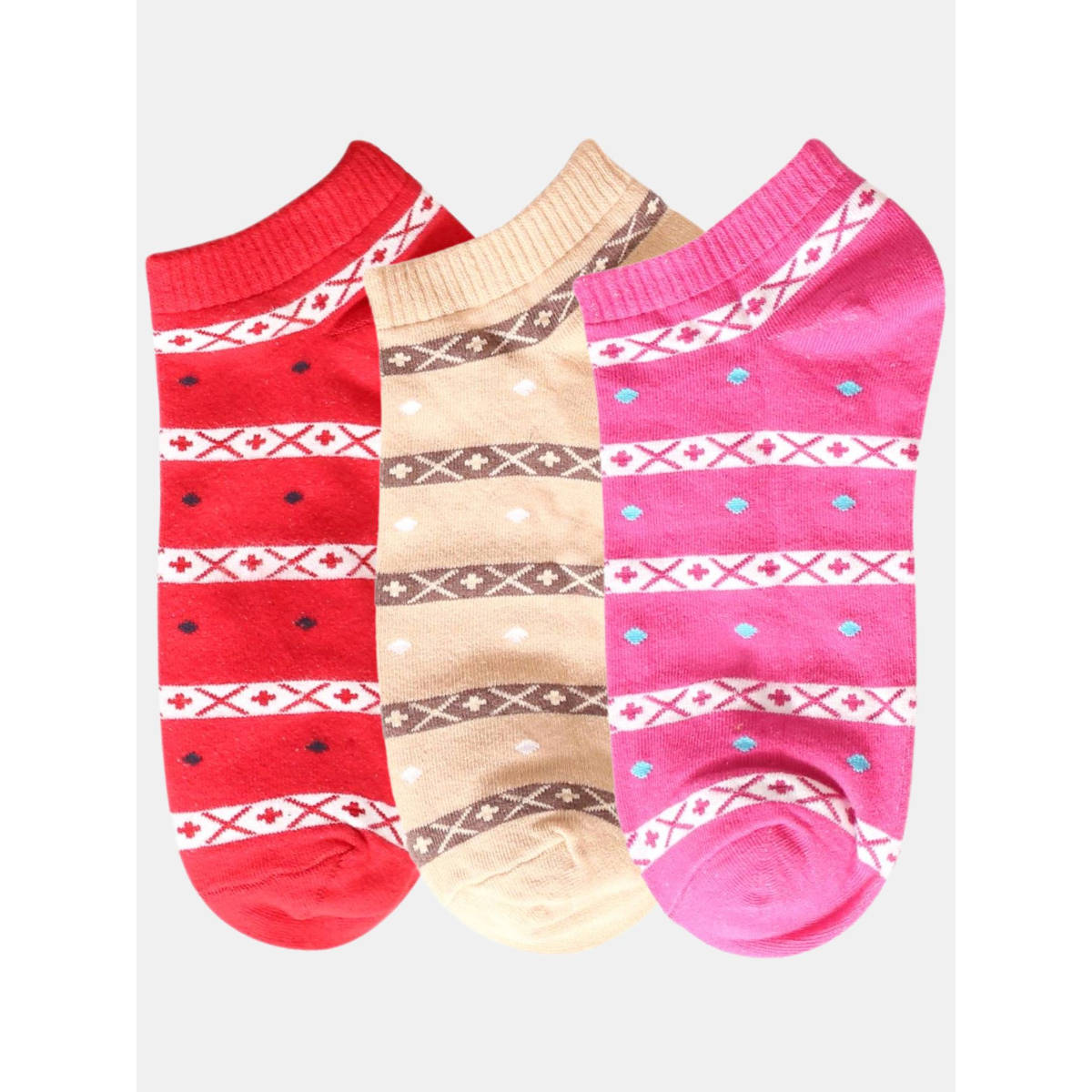 NEXT2SKIN Women Red Beige & Pink Striped Pattern Cotton Socks (Pack of 3)