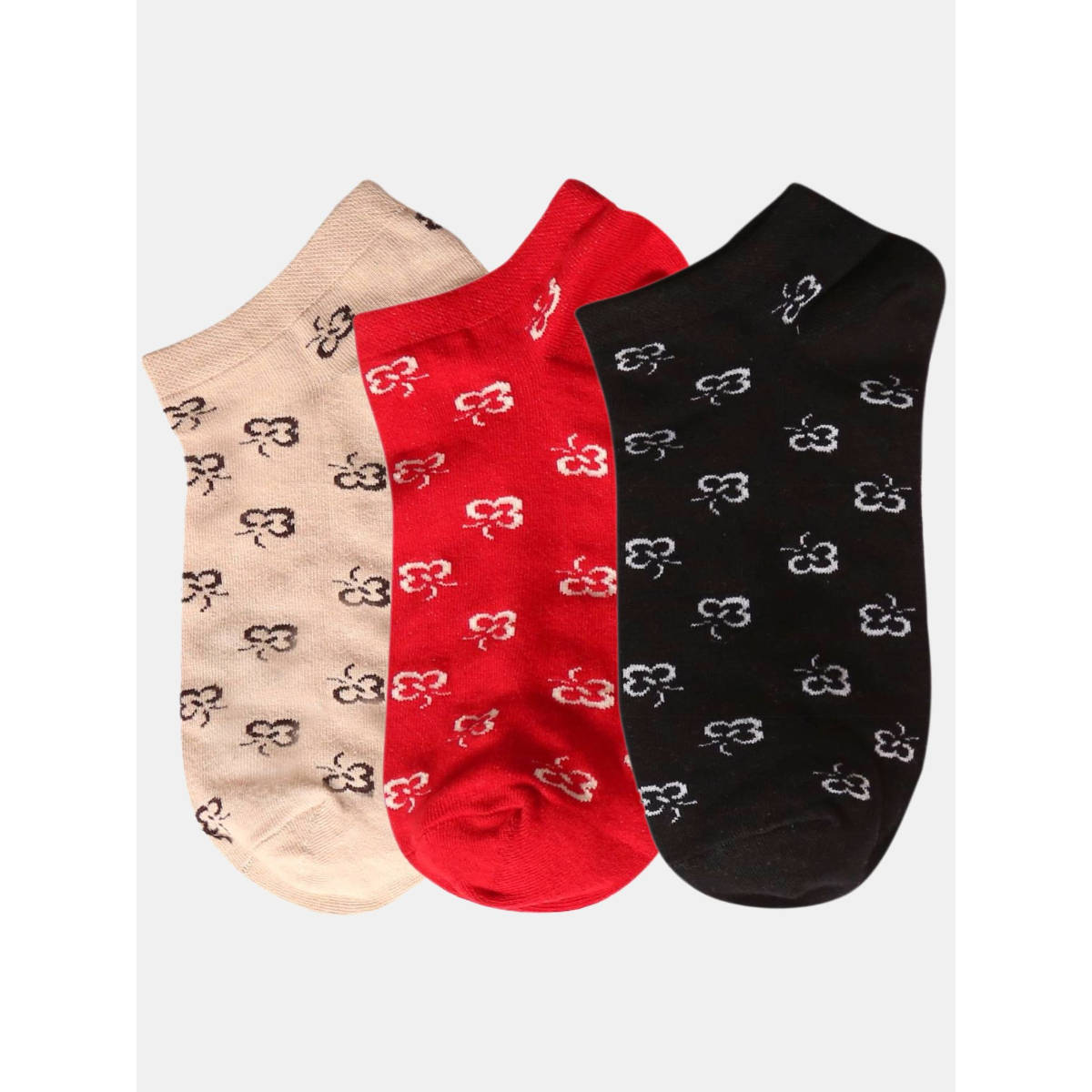 NEXT2SKIN Women Beige Black & Red Floral Theme Cotton Socks (Pack of 3)