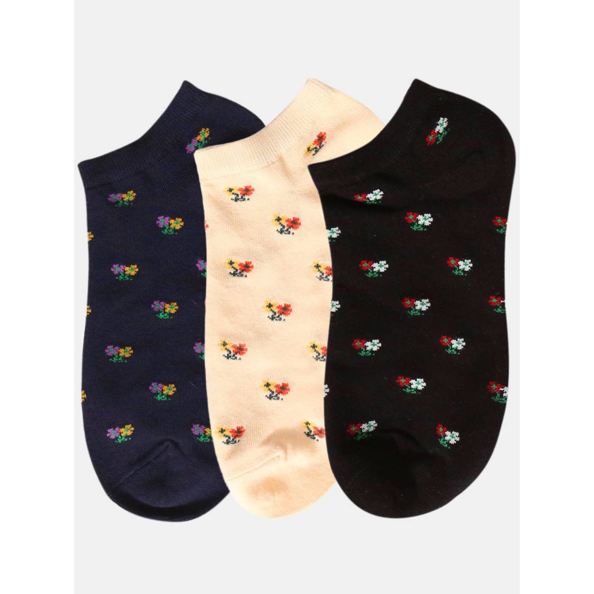 NEXT2SKIN Women Navy Blue Cream & Black Floral Pattern Cotton Socks (Pack of 3)