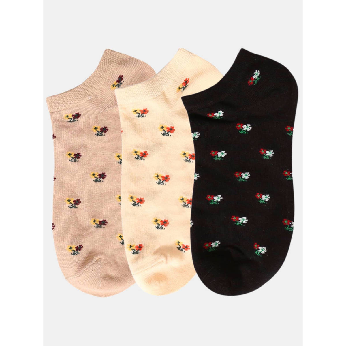 NEXT2SKIN Women Beige Cream & Black Floral Pattern Cotton Socks (Pack of 3)
