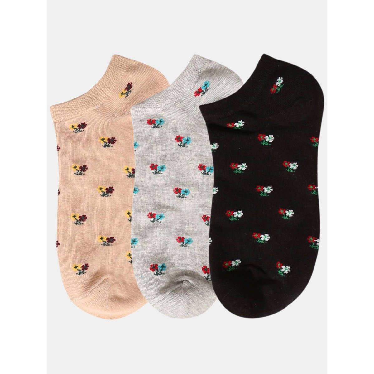 NEXT2SKIN Women Beige Black & Grey Floral Pattern Cotton Socks (Pack of 3)