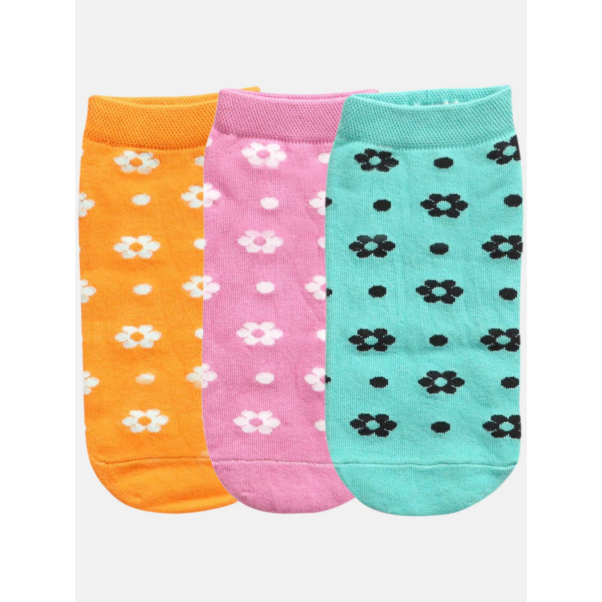 NEXT2SKIN Women Pink Yellow & Blue Bloom Pattern Cotton Socks (Pack of 3)