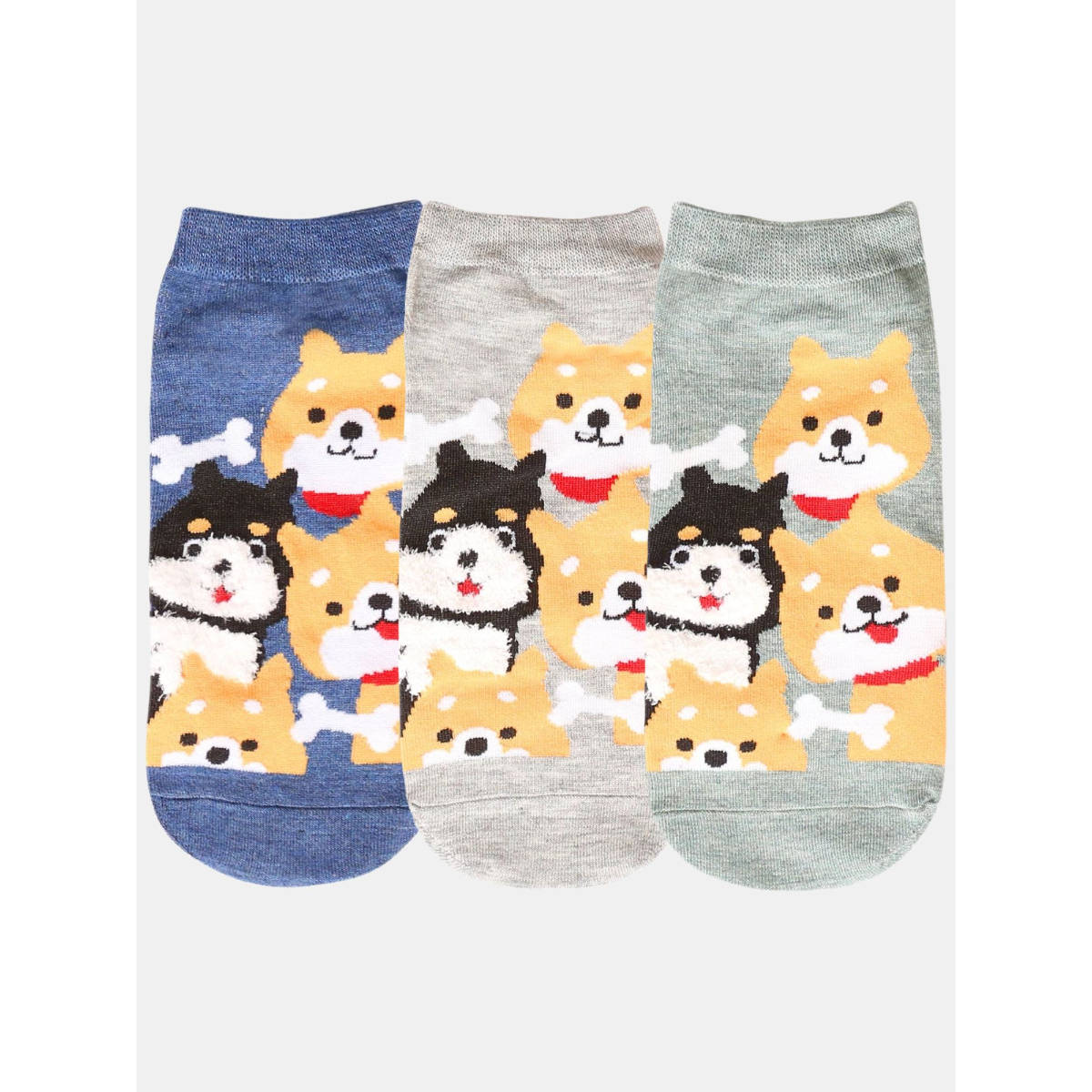 NEXT2SKIN Women Grey & Blue Puppy Pattern Cotton Socks (Pack of 3)