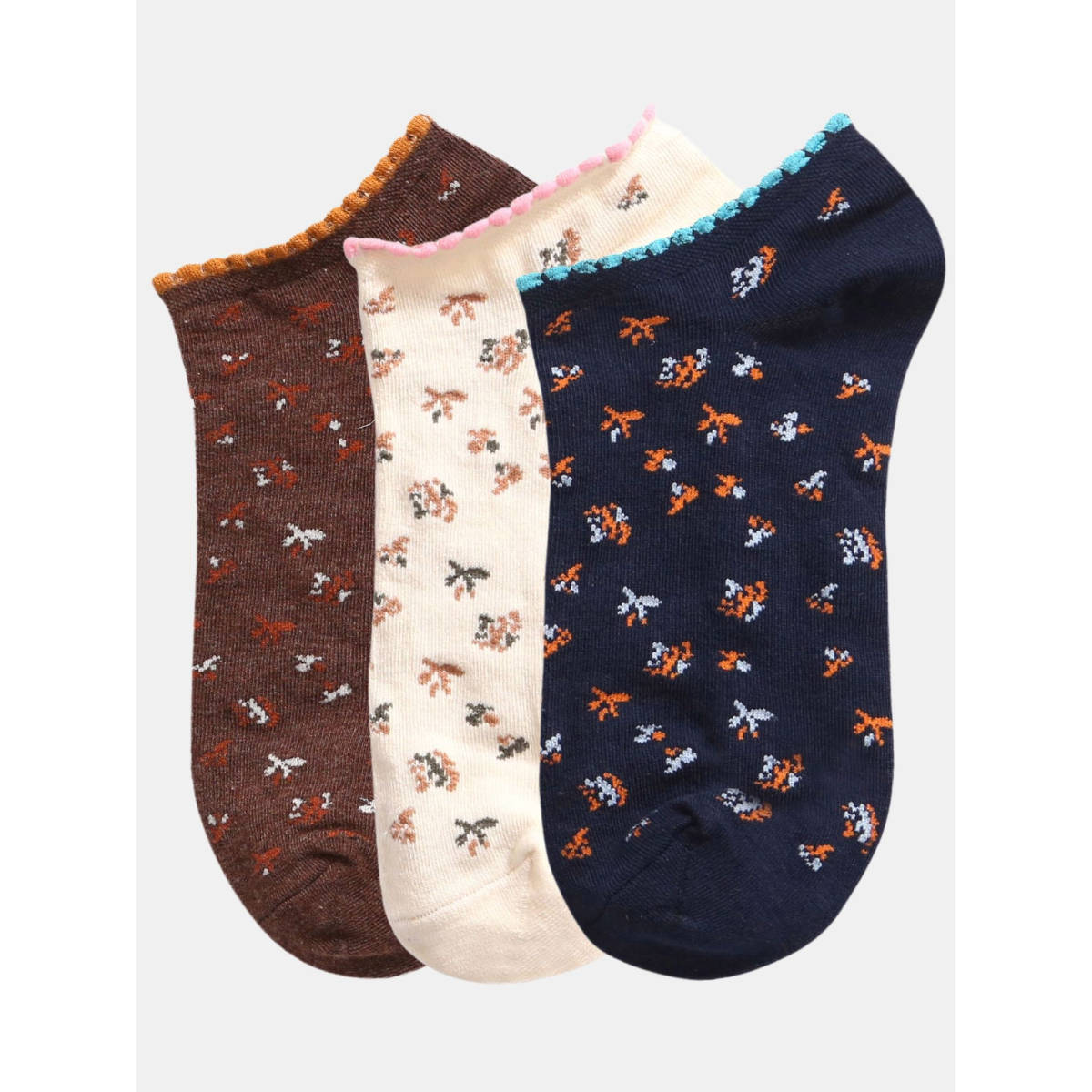 NEXT2SKIN Women Navy Blue Beige & Brown Blossom Pattern Cotton Socks (Pack of 3)