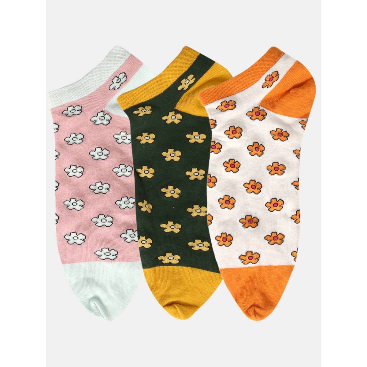 NEXT2SKIN Women Pink Black & White Cotton Thumb Floral Pattern Socks (Pack of 3)