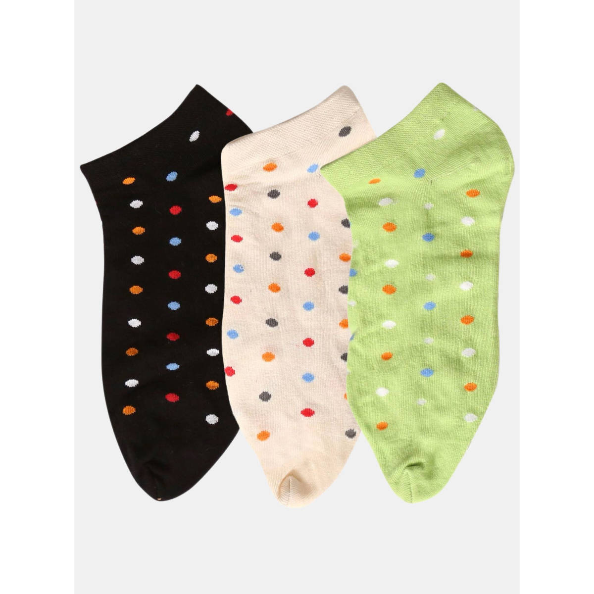 NEXT2SKIN Women Black Beige & Green Polka Dots Cotton Thumb Socks (Pack of 3)